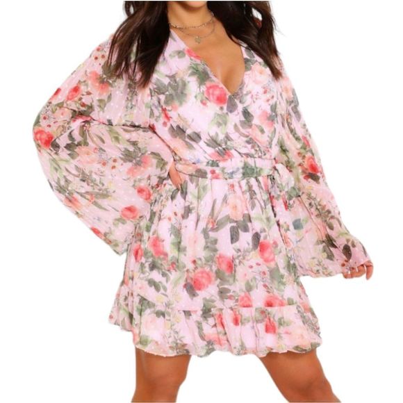 Boohoo Dresses & Skirts - Boohoo Floral Print Belted Skater Dress Pleated Sleeve Size 12 Pink NWT